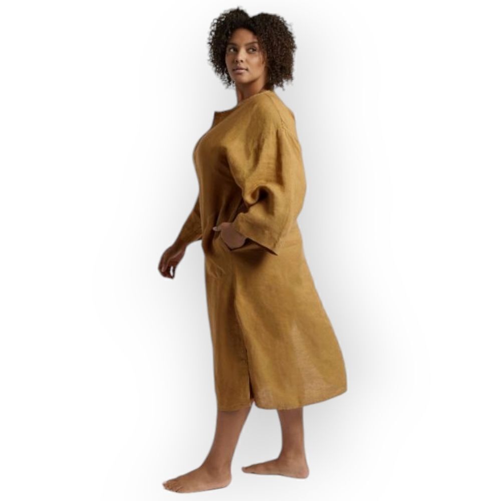 Parachute 100%Linen Flax Ochre Yellow Tan Midi Dress V-Neck Elbow-Length Sleeves
